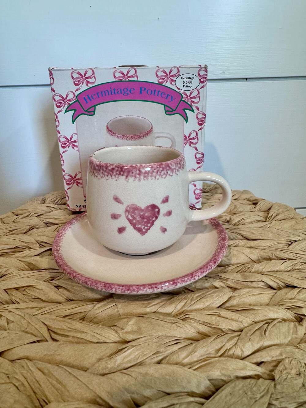 Hermitage Pottery Spongeware Pink Heart Mug and Saucer Set with Box